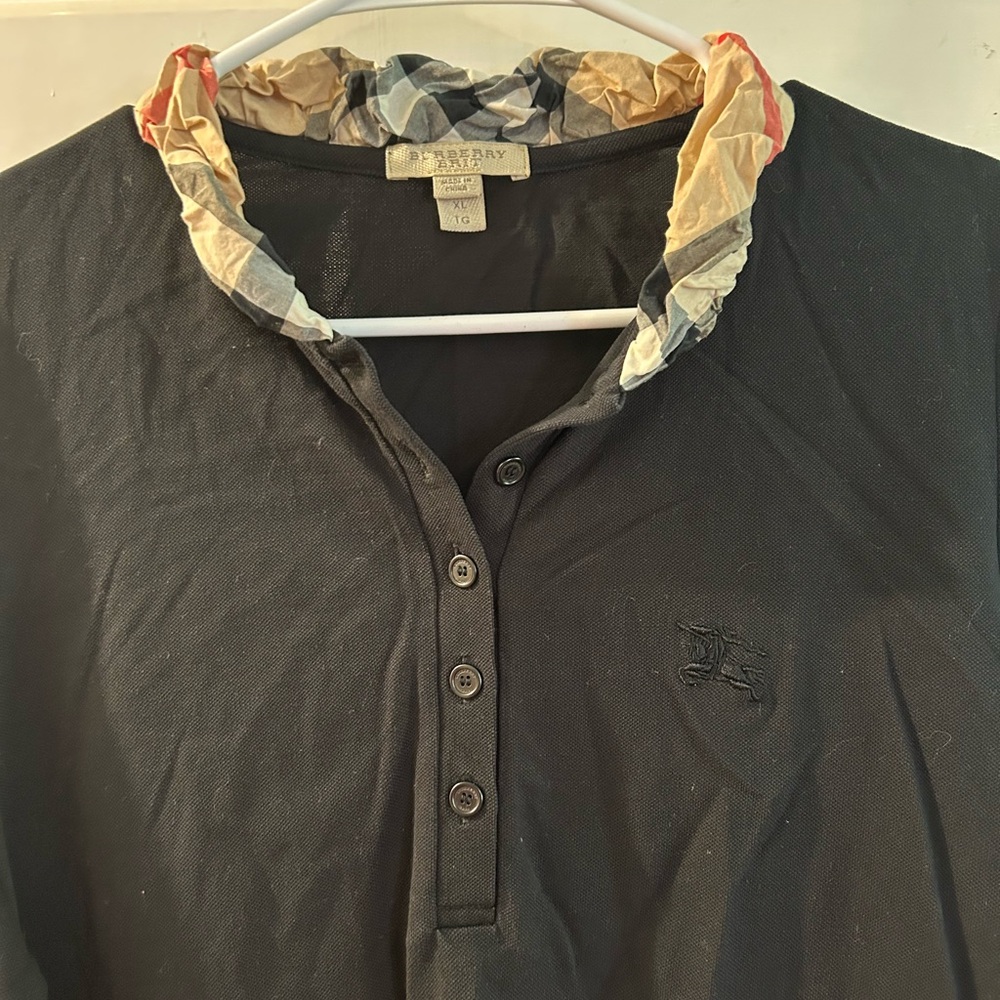 Burberry Black Long-Sleeve Polo with Plaid Collar Trim - Picture 2 of 3